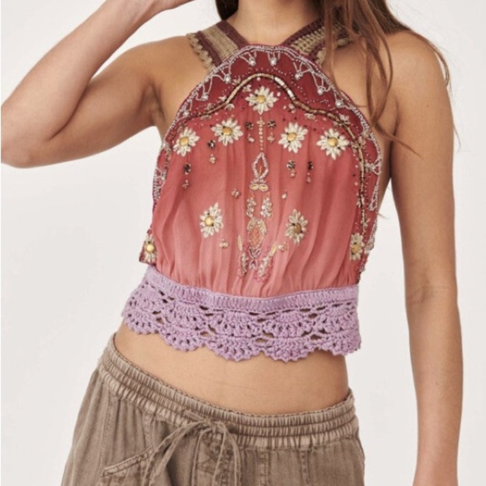 FREE PEOPLE Crochet Beaded Halter Top • Size S • Pink Purple • SOLD OUT